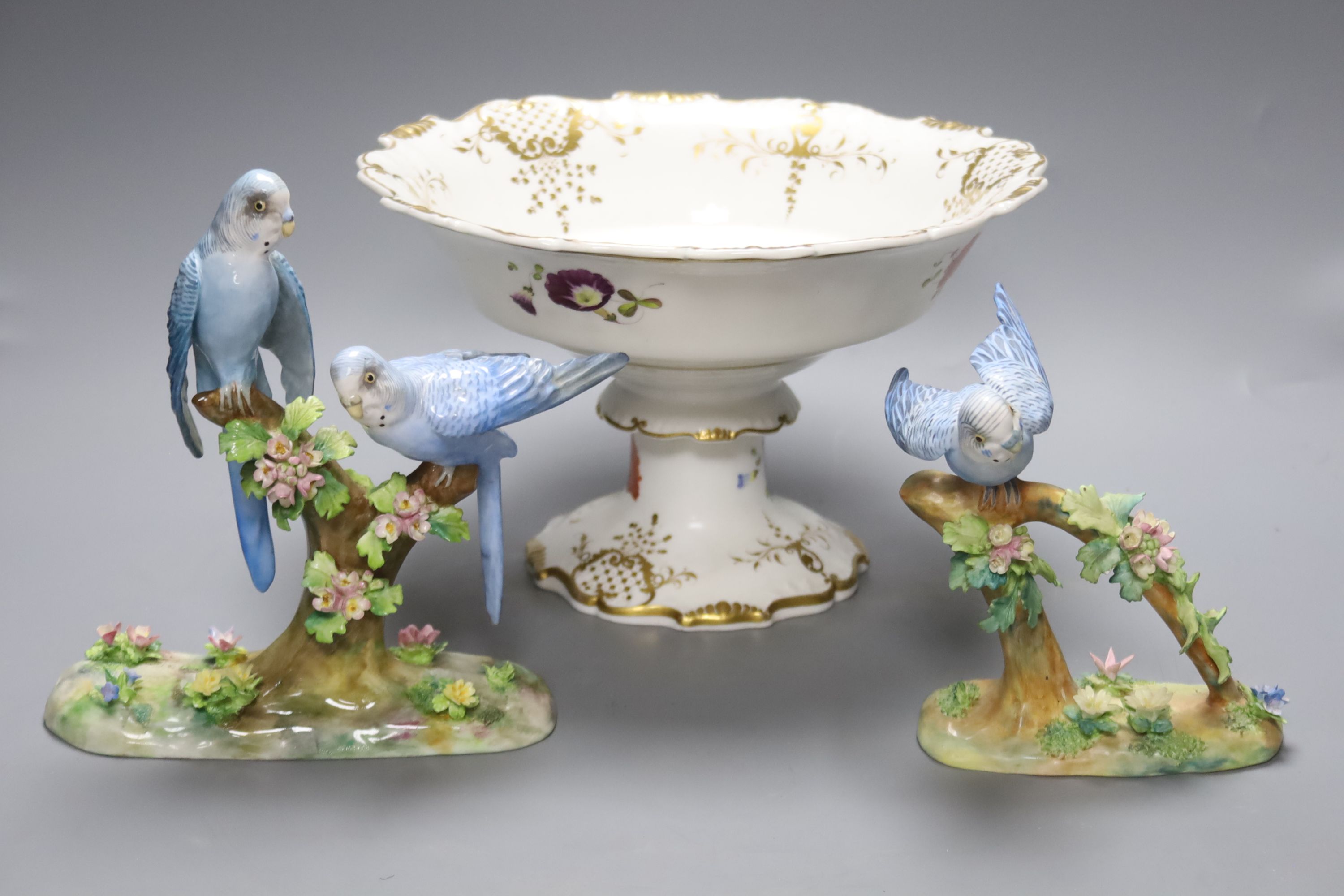 Two Crown Staffordshire budgerigar groups by J.T. Jones, and a Victorian pedestal bowl, diameter 28cm